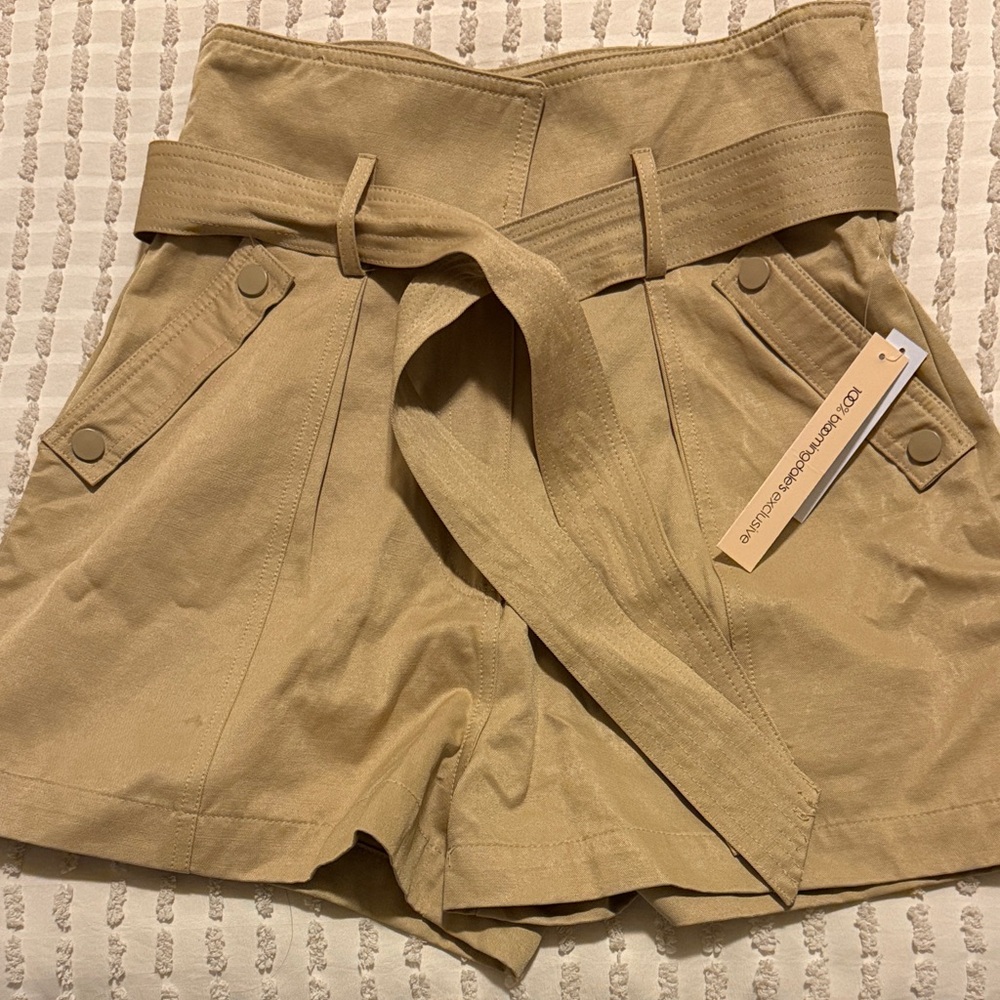 Aqua High-Waist Belted Shorts — Tan